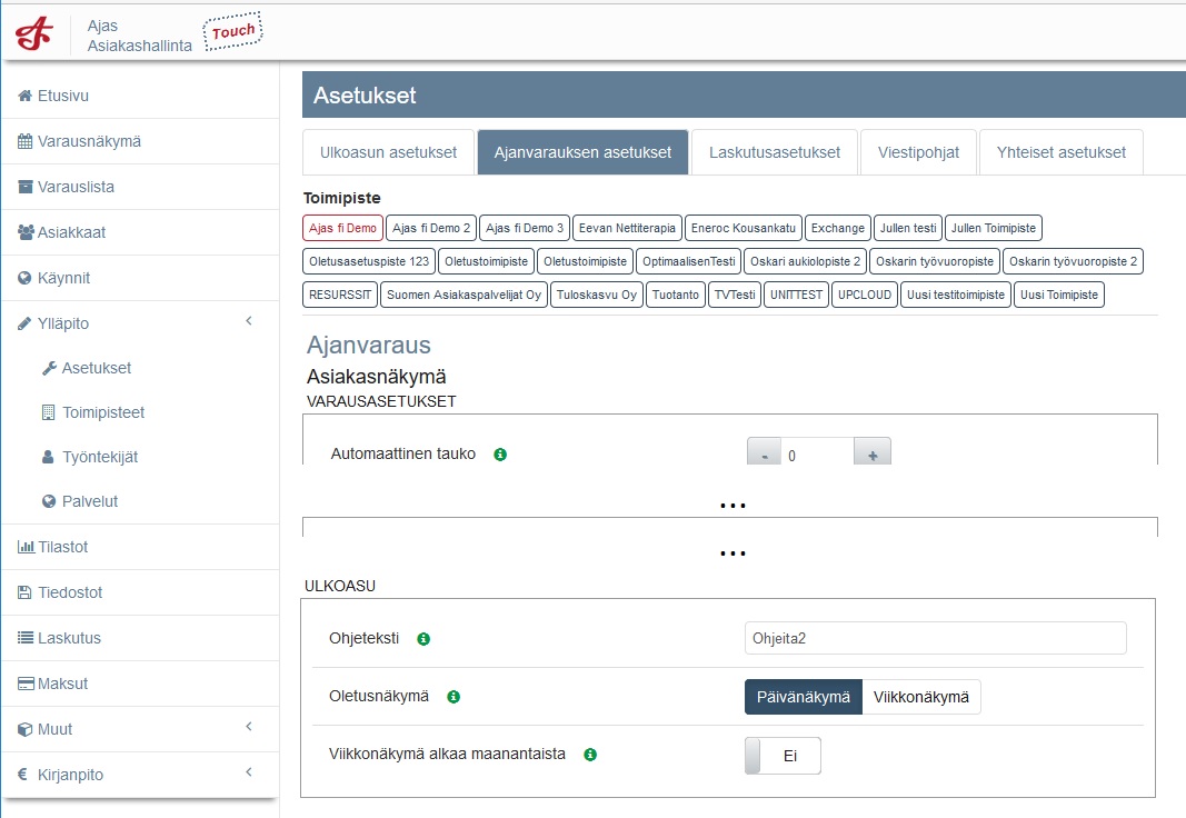 ajas viikkonakyman asetukset touch
